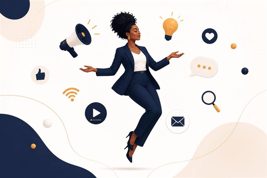 Illustration d'une professionnelle du marketing entourée d'icônes réseaux sociaux, publicité et email