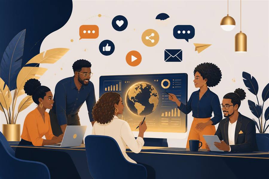 Illustration d'une équipe en réunion devant un écran affichant un globe et des icônes de communication