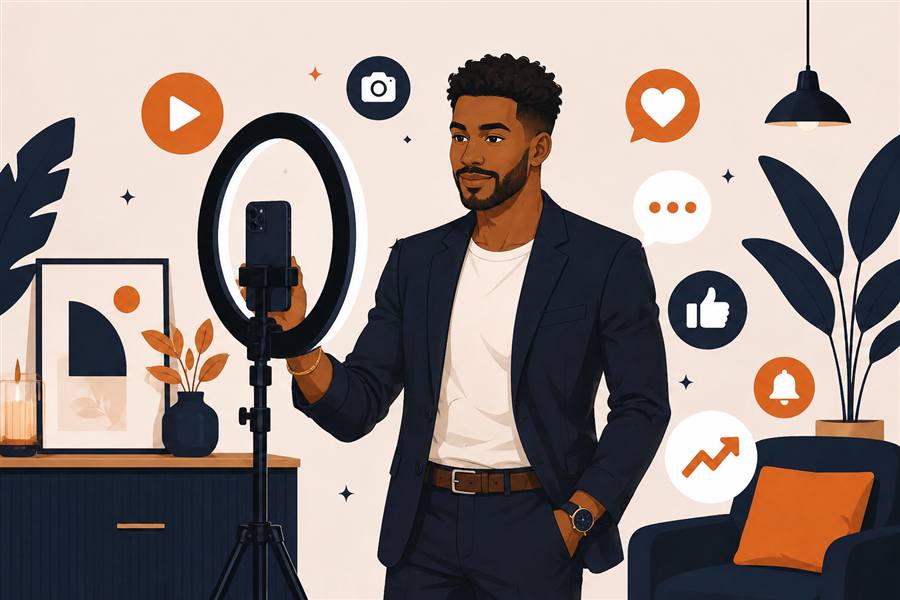 Illustration d'une créatrice de contenu filmant avec un ring light et un smartphone