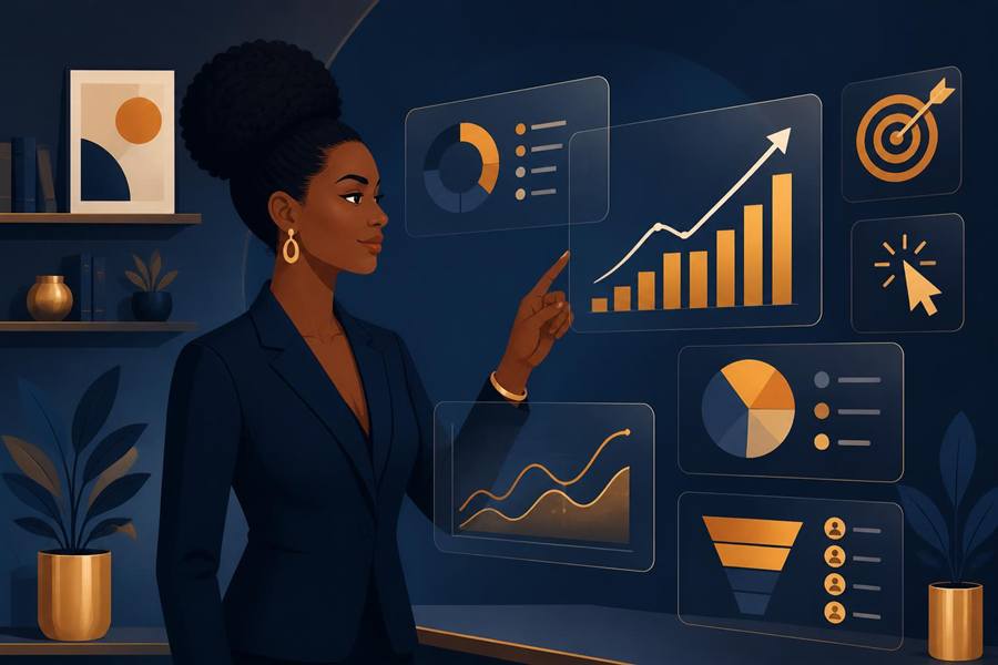Illustration d'une consultante analysant des tableaux de bord et graphiques de performance