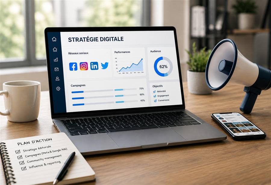 Ordinateur portable affichant un tableau de bord de stratégie digitale : réseaux sociaux, performances et objectifs de campagne