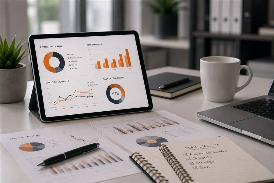 Tablette affichant des graphiques de performance marketing sur un bureau