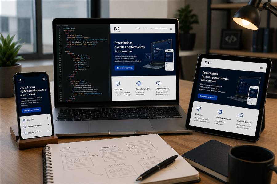 Ordinateur portable, tablette et smartphone affichant un site web en cours de développement