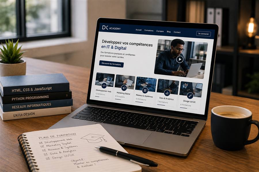 Écran d'ordinateur portable affichant une plateforme de formations en informatique et digital