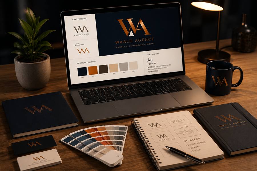 Ordinateur portable affichant une charte graphique Waalo Agence : logo, palette de couleurs et typographie