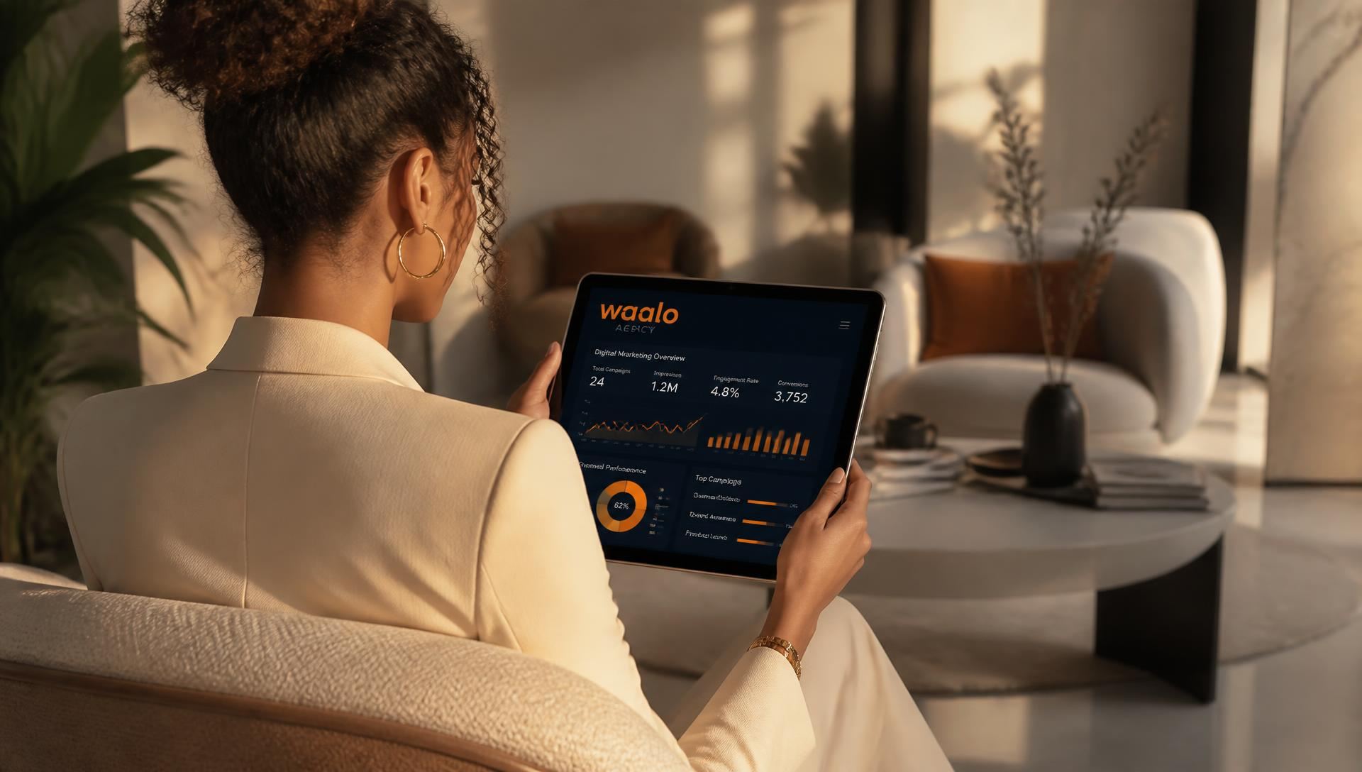 Professionnelle analysant un tableau de bord digital Waalo Agence