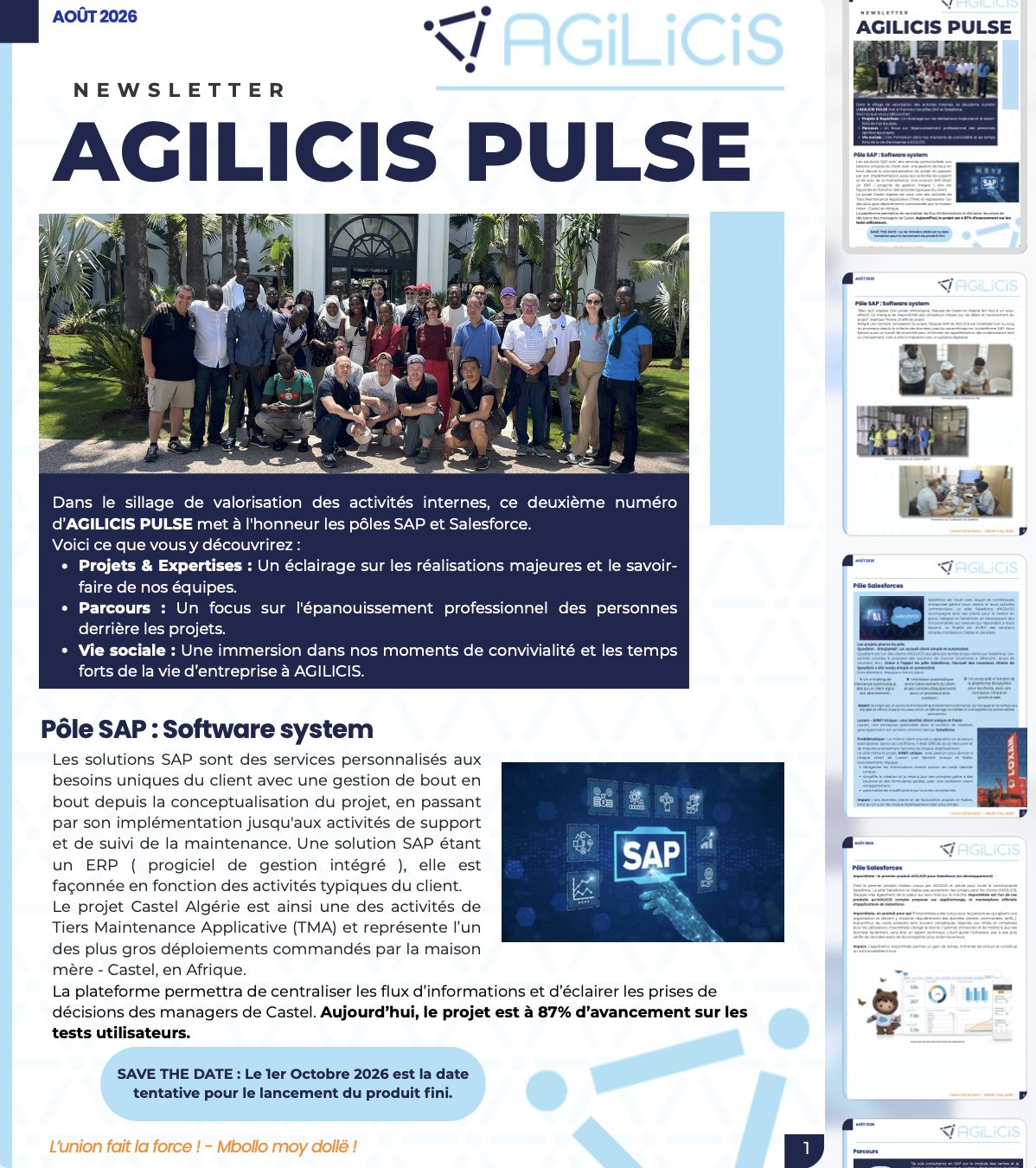 Newsletter interne Agilicis Pulse, numéro d'août, mise en page complète